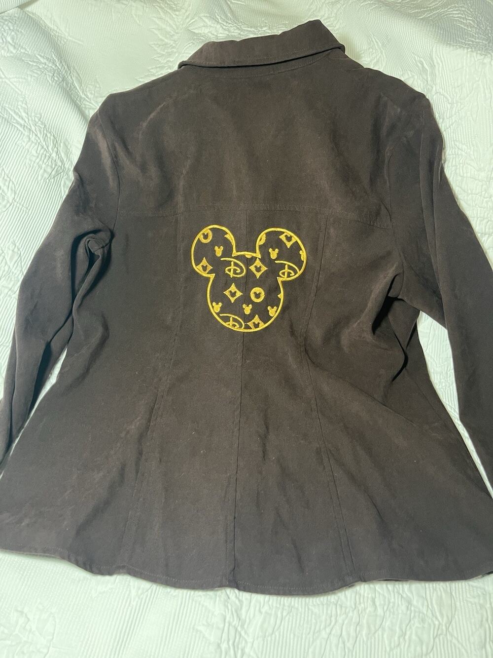 Custom Embroidered Brown Suede Feel Shacket Notations L Stretch Gold Mickey Head